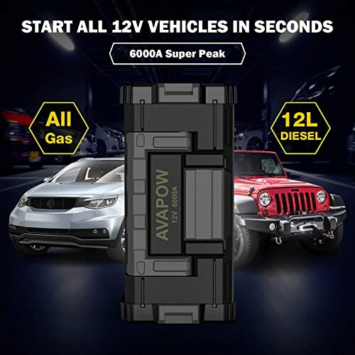 AVAPOW 12V vehicle jump starter with cars in background.