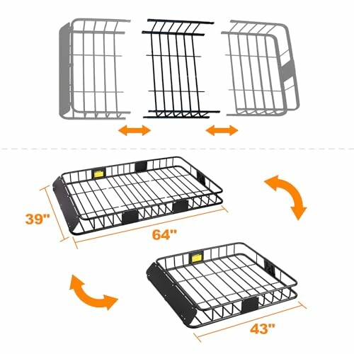 Diagram showing assembly and dimensions of a car top cargo basket.