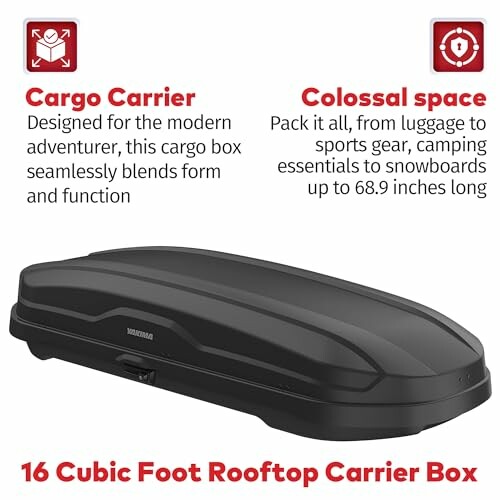 Black rooftop cargo carrier box with text highlighting features.