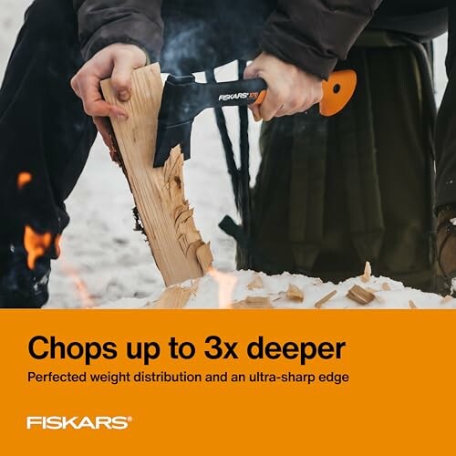 Person using Fiskars axe to chop wood with text 'Chops up to 3x deeper'.