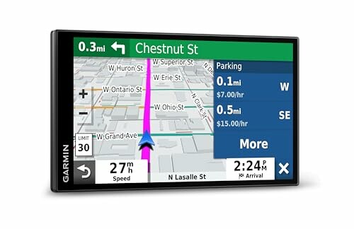 Garmin GPS device displaying navigation map and parking information.