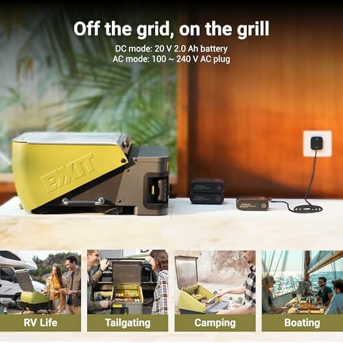 Portable grill setup with battery options for off-grid use.