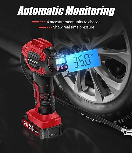 Portable tire inflator with digital pressure gauge displaying 35.0 PSI.