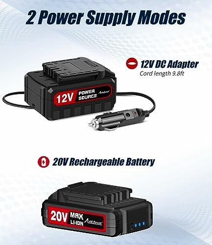 Two power supply modes: 12V DC adapter and 20V rechargeable battery.