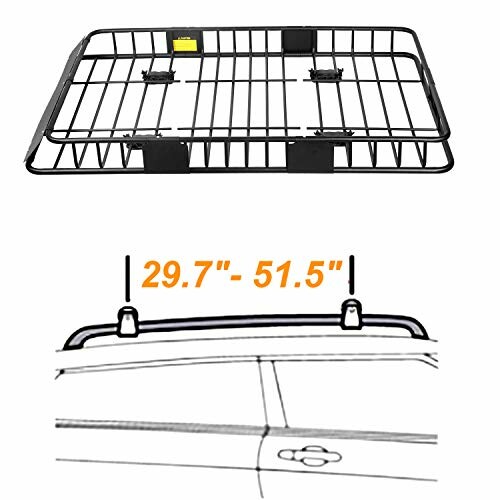 Adjustable roof rack for car with dimensions 29.7 to 51.5 inches.