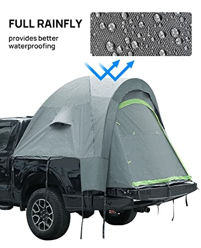 Truck tent with full rainfly for better waterproofing.